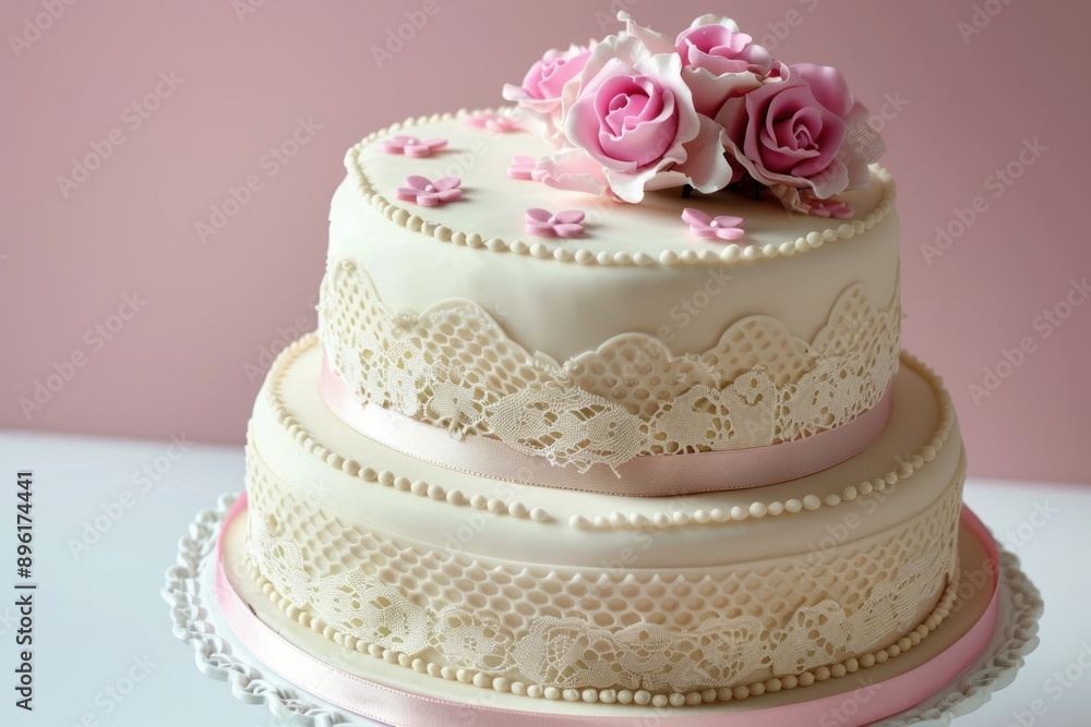 A birthday cake with a tiered design and edible lace or ribbon as decorations A birthday cake with a tiered design and edible lace or ribbon as decorations