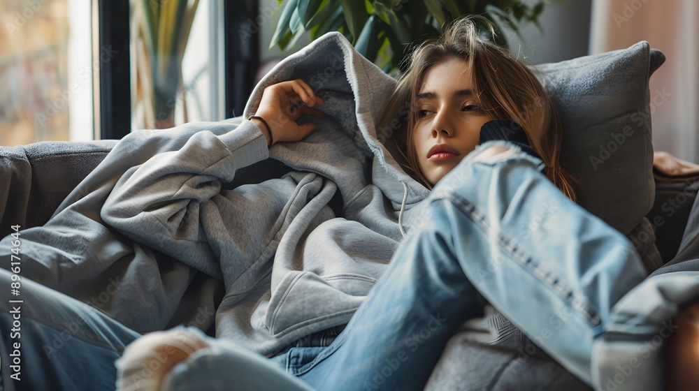Obraz premium Woman in Oversized Hoodie: A relaxed woman lounging on a sofa, wearing an oversized men's hoodie and casual jeans. 