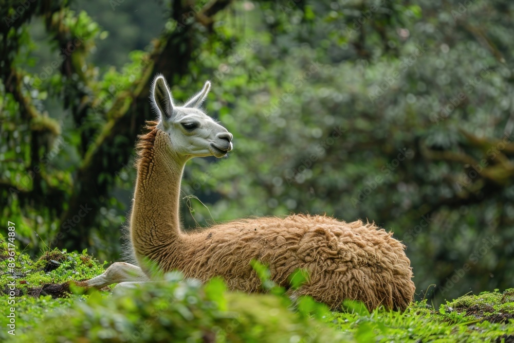 Fototapeta premium A content lama lounges by a verdant forest, woolly coat gleaming under the soft, blue glow of the summer sky