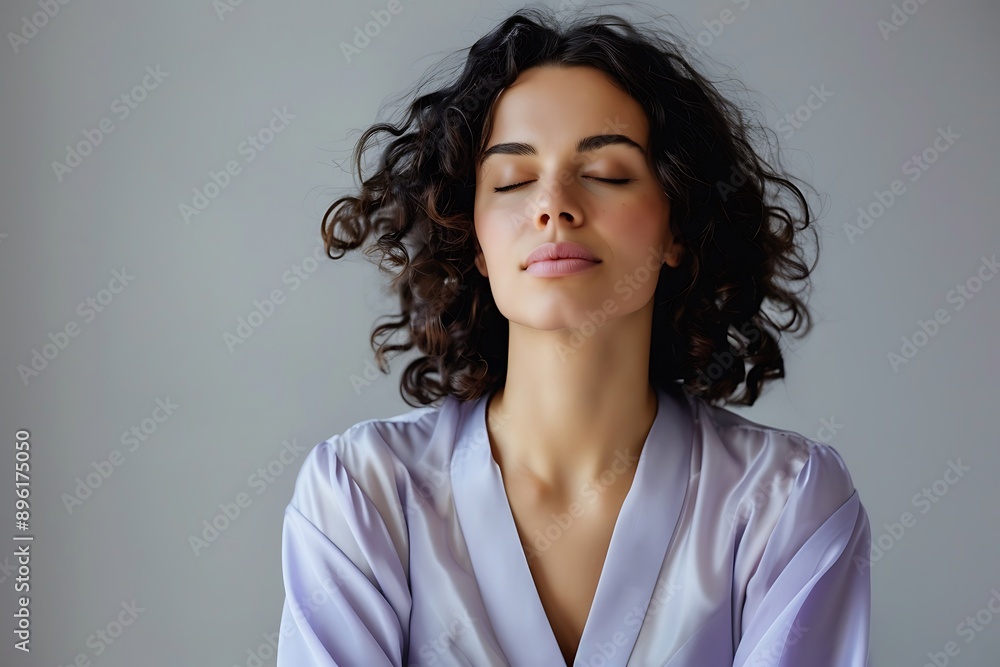 A serene woman wearing a light purple blouse is seen meditating or reflecting peacefully A serene woman wearing a light purple blouse is seen meditating or reflecting peacefully