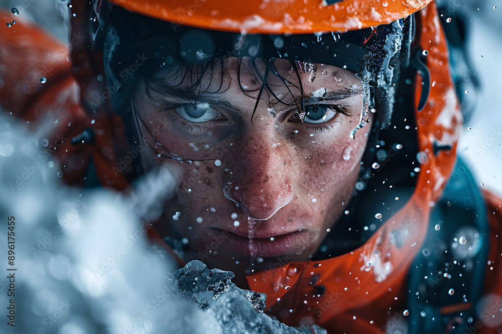 a climber climbing a vertical ice wall, the person looks very concentrated in front of a very dangerous wall a climber climbing a vertical ice wall, the person looks very concentrated in front of a very dangerous wall