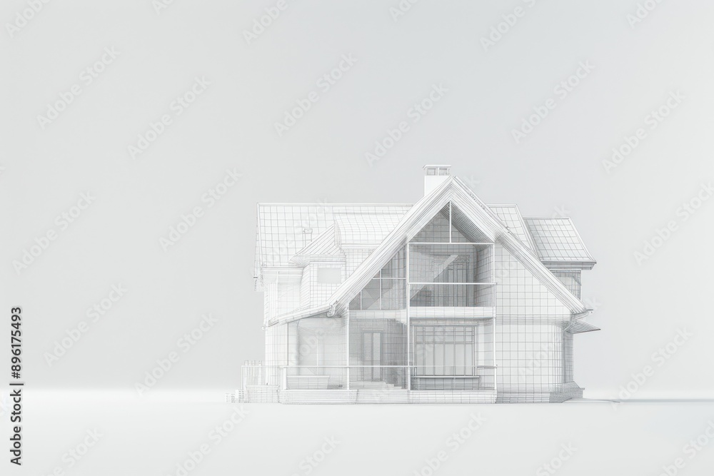 3d house fade into wireframe house, technology copy space 3d house fade into wireframe house, technology copy space