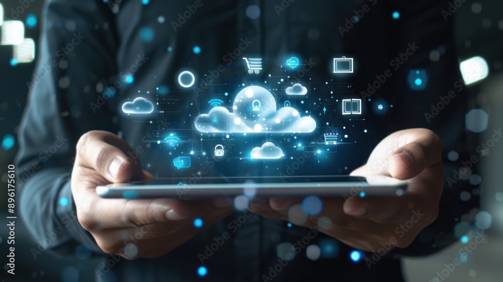 Close-up of the hand of a businessman using a tablet or smartphone with cloud computing, Computer system resources, and data storage, Cloud service technologies concept. Close-up of the hand of a businessman using a tablet or smartphone with cloud computing, Computer system resources, and data storage, Cloud service technologies concept.