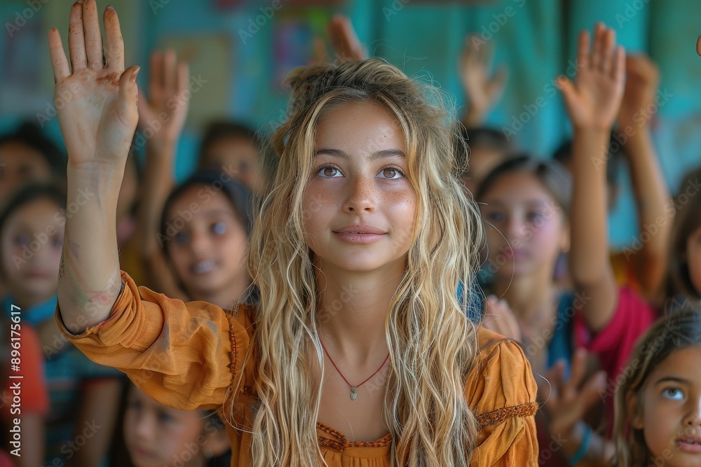 A young girl in a yellow dress raises her hand eagerly in response to a question, surrounded by other students in a lively and colorful classroom setting. A young girl in a yellow dress raises her hand eagerly in response to a question, surrounded by other students in a lively and colorful classroom setting.