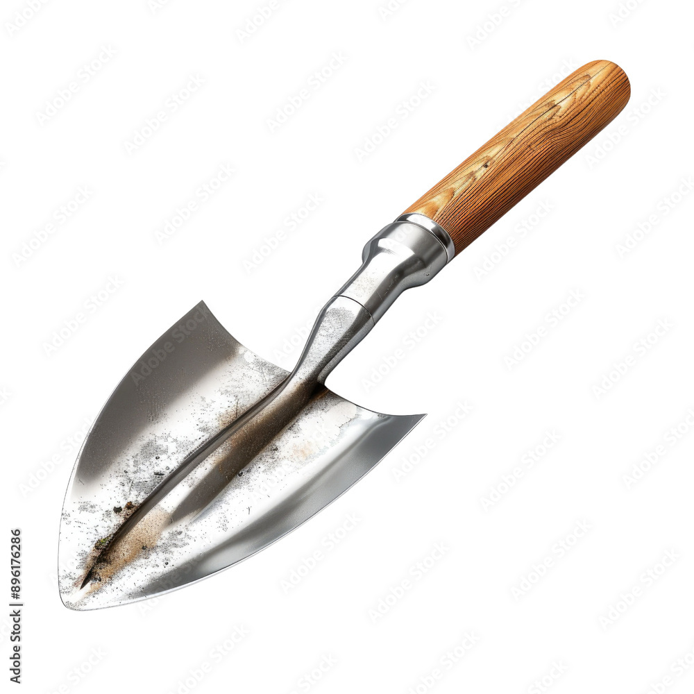 Fototapeta premium A stainless steel garden trowel with a wooden handle, ideal for digging, planting, and maintaining garden beds.
