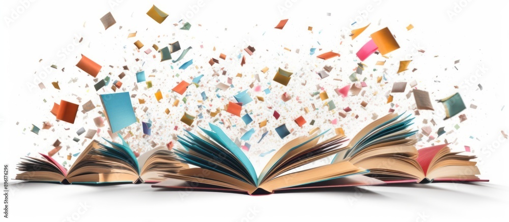 Colorful books flying as background, isolated white background Colorful books flying as background, isolated white background