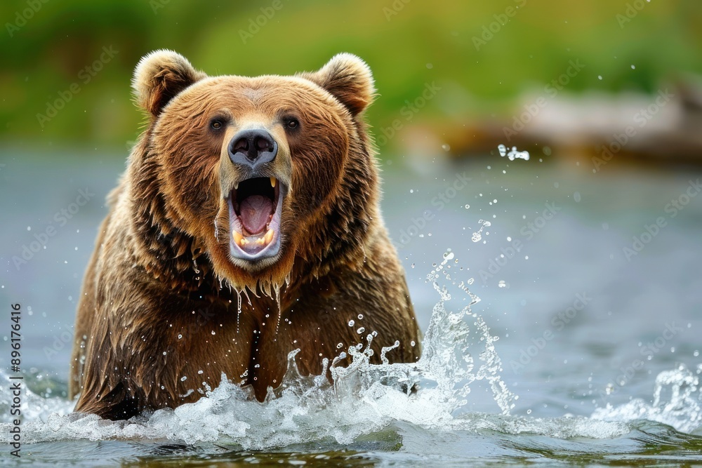 angry brown bear in river water angry brown bear in river water