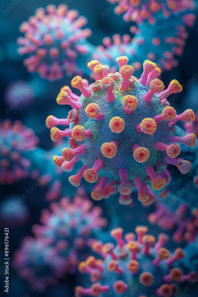 A microscopic image of a coronavirus, showing its intricate structure with pink spikes and a blue core.