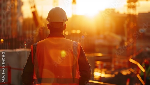 male engineer working construction site at Silhouette Sunset time © artfisss