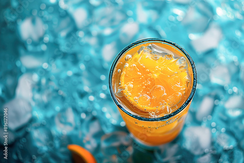 A glass of orange juice with ice cubes in it