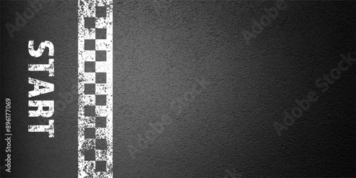 Asphalt road with white start line marking, concrete highway surface, texture. Street traffic lane, road dividing strip. Pattern with grainy structure, grunge stone background. Vector illustration
