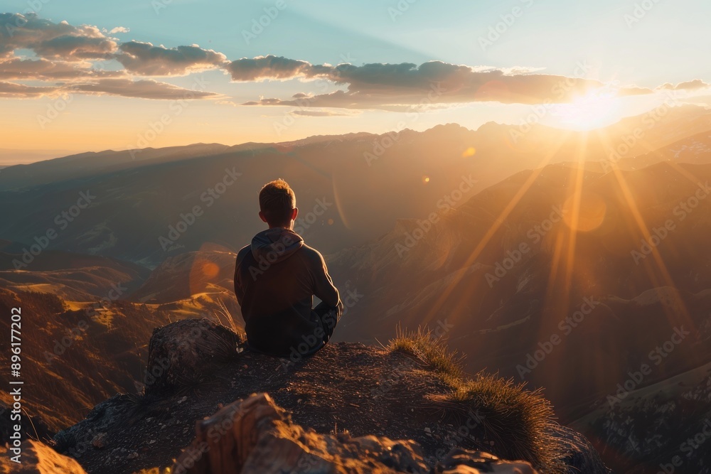 Back view person sitting in top of mountain sunny Back view person sitting in top of mountain sunny