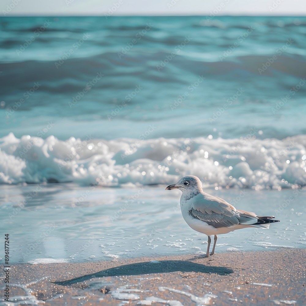 Seagull on Sandy Beach with Ocean Waves in the Background Seagull on Sandy Beach with Ocean Waves in the Background