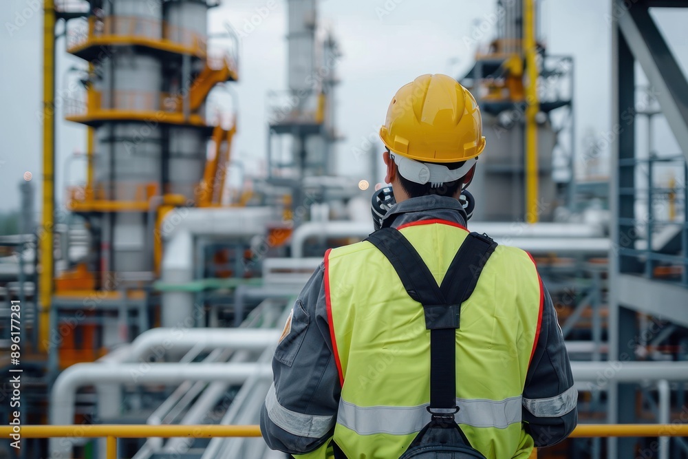 Back view worker on industrial factory or refinery for gas production Back view worker on industrial factory or refinery for gas production