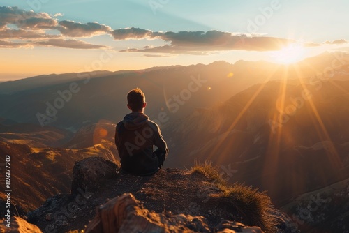 Back view person sitting in top of mountain sunny © Igor