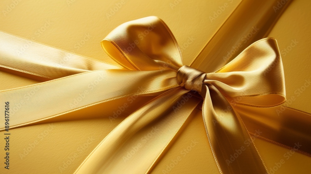 A gold ribbon bow is tied around a gold box A gold ribbon bow is tied around a gold box