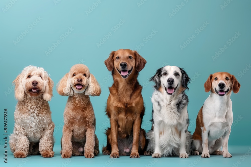 Five dogs of different breeds sit in a row in front of a blue background, all smiling and looking directly at the camera. Five dogs of different breeds sit in a row in front of a blue background, all smiling and looking directly at the camera.