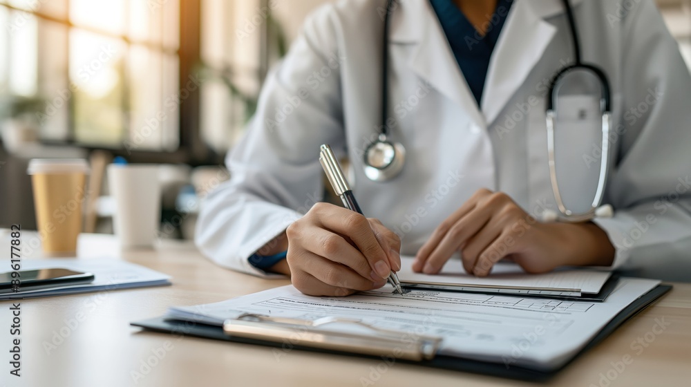 A close-up of a doctor in a white coat filling out a medical form on a clipboard with a pen in a well-lit office. A close-up of a doctor in a white coat filling out a medical form on a clipboard with a pen in a well-lit office.