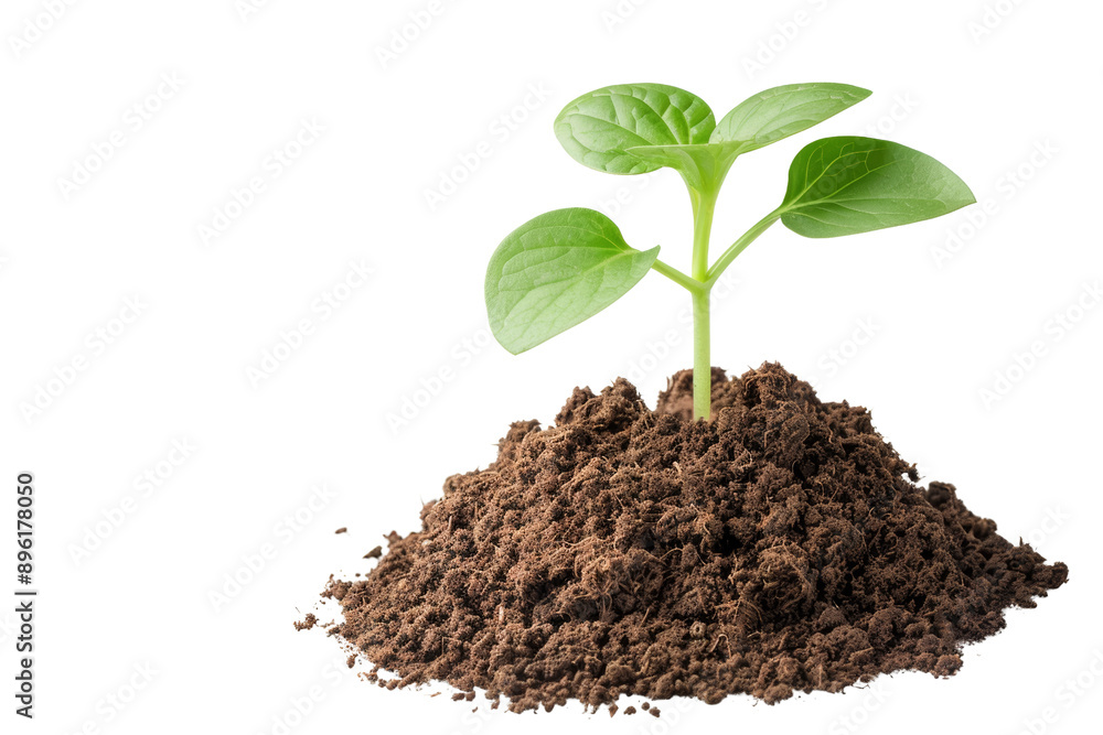 Young green plant sprouting from soil pile against a white background, symbolizing growth, nature, and ecological concepts. Young green plant sprouting from soil pile against a white background, symbolizing growth, nature, and ecological concepts.