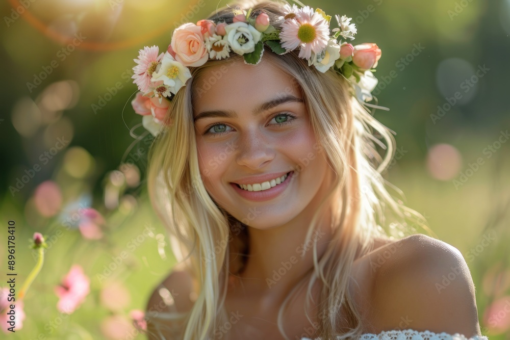 Obraz premium beautiful young blonde woman with a flower crown smiling outdoors