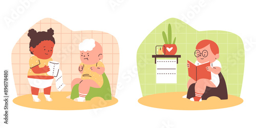 Flat vector set: children on potties, washroom scene.