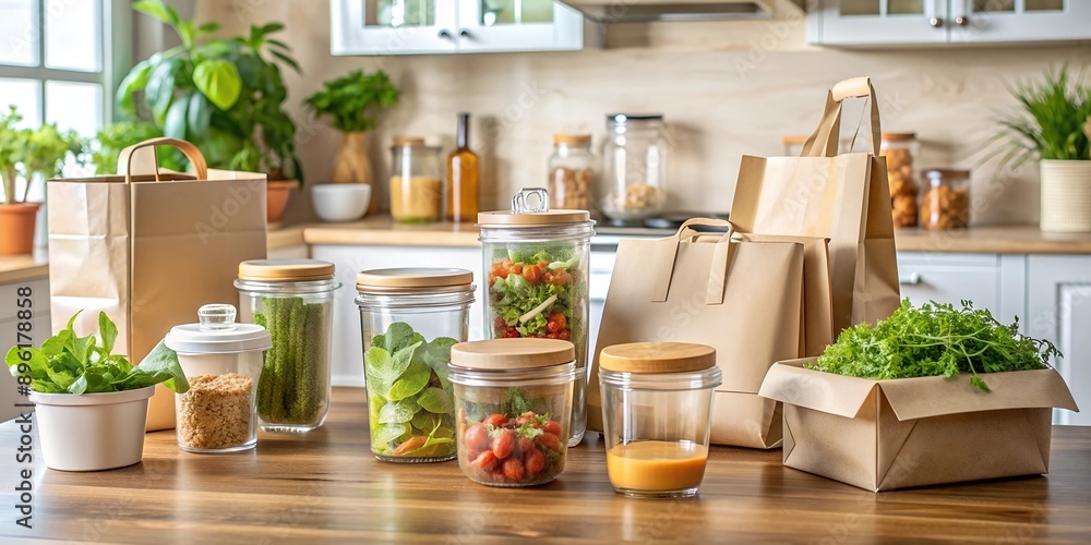 Eco-friendly packaging and fresh food on the kitchen countertop
Eco-friendly packaging and fresh food on the kitchen countertop