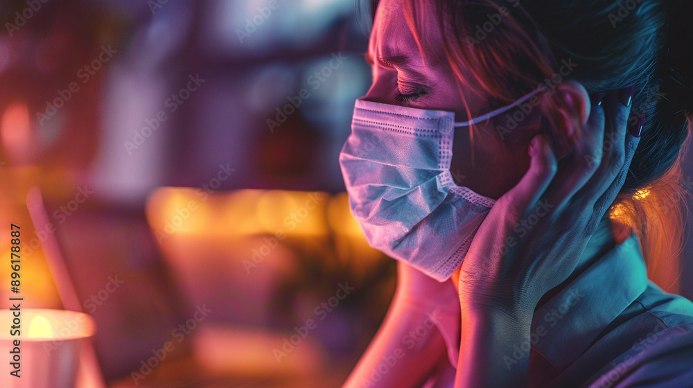 Working through pain. Woman in protective mask holds her head with her hand. She feels unwell. Working through pain. Woman in protective mask holds her head with her hand. She feels unwell.
