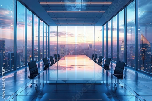 Modern conference room with large windows overlooking a cityscape at sunset. © Withun