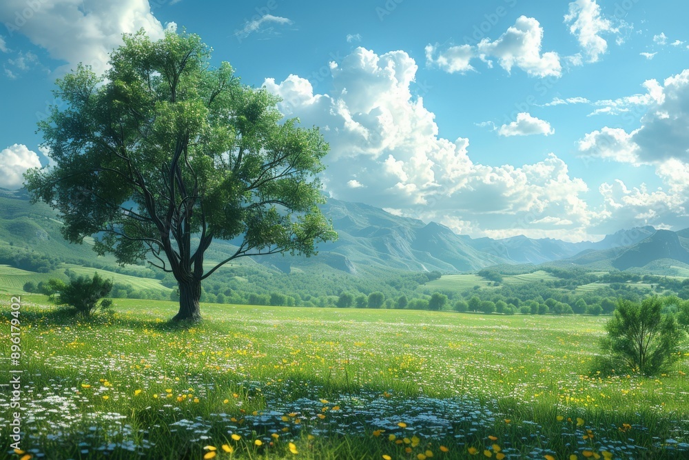 Fototapeta premium An idyllic scene featuring a lone tree standing in a vast green field, with a backdrop of distant mountains, under a clear, blue sky with scattered white clouds.