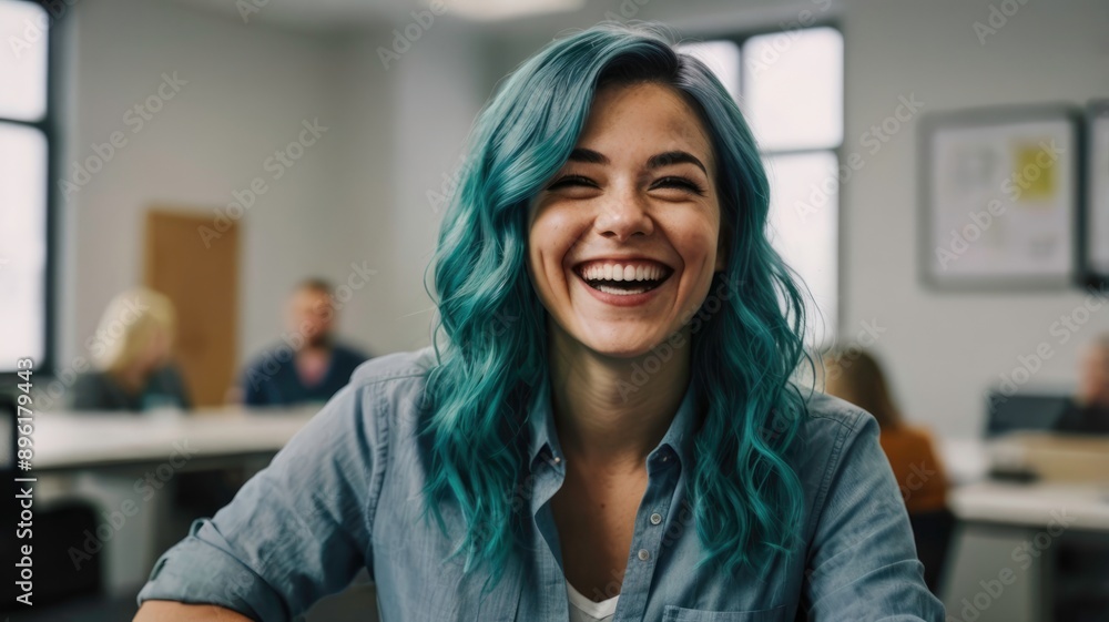 Female blur employee with teal hair, happy and laughing in team building office meeting Female blur employee with teal hair, happy and laughing in team building office meeting