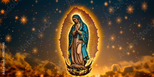 Virgin mary appearing in starry sky with golden halo
