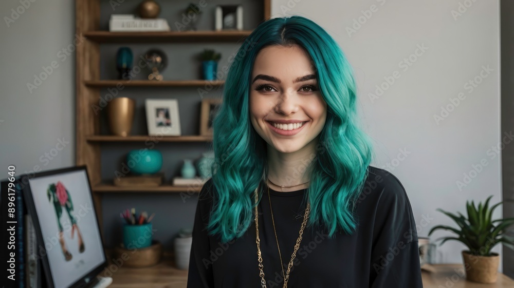 Girl with teal hair, smiling in home office, looking at camera Girl with teal hair, smiling in home office, looking at camera