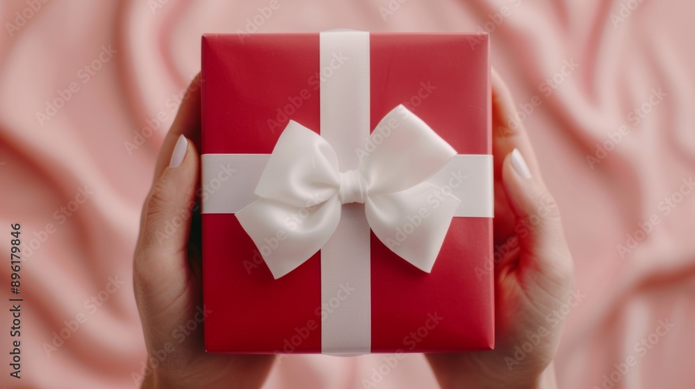 A person is holding a red box with a white bow on it A person is holding a red box with a white bow on it