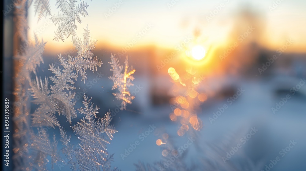 A window with frost on it and sun in the background A window with frost on it and sun in the background