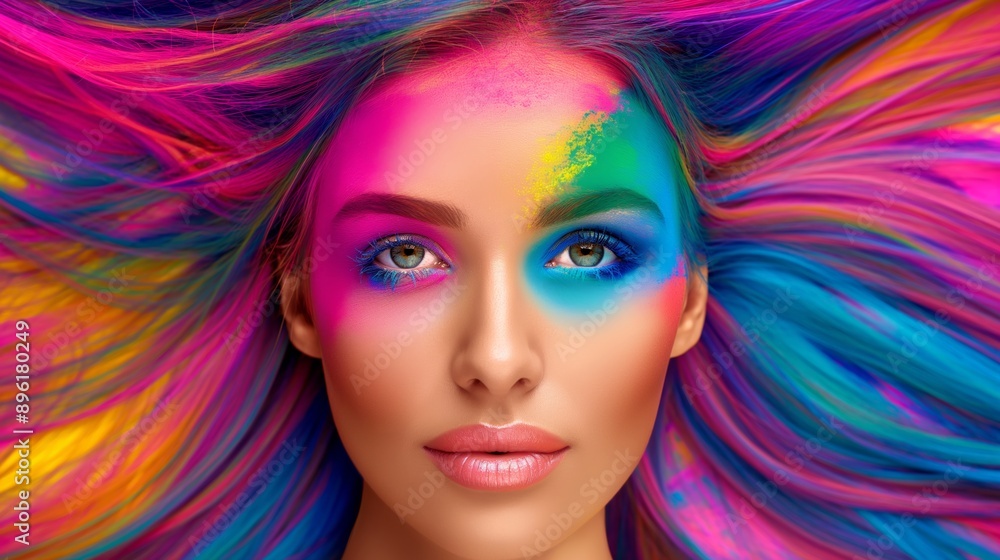 A woman with colorful hair and makeup. The colors are bright and vibrant, giving the impression of a fun and lively atmosphere A woman with colorful hair and makeup. The colors are bright and vibrant, giving the impression of a fun and lively atmosphere