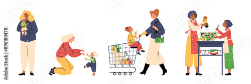 Mother-daughter bonding vector illustration set
