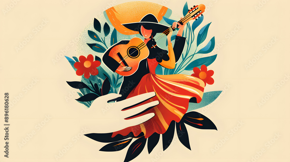 Fototapeta premium &nbsp;flamenco festival with a woman and man dressed in flamenco with guitar in a shape of hand of culture