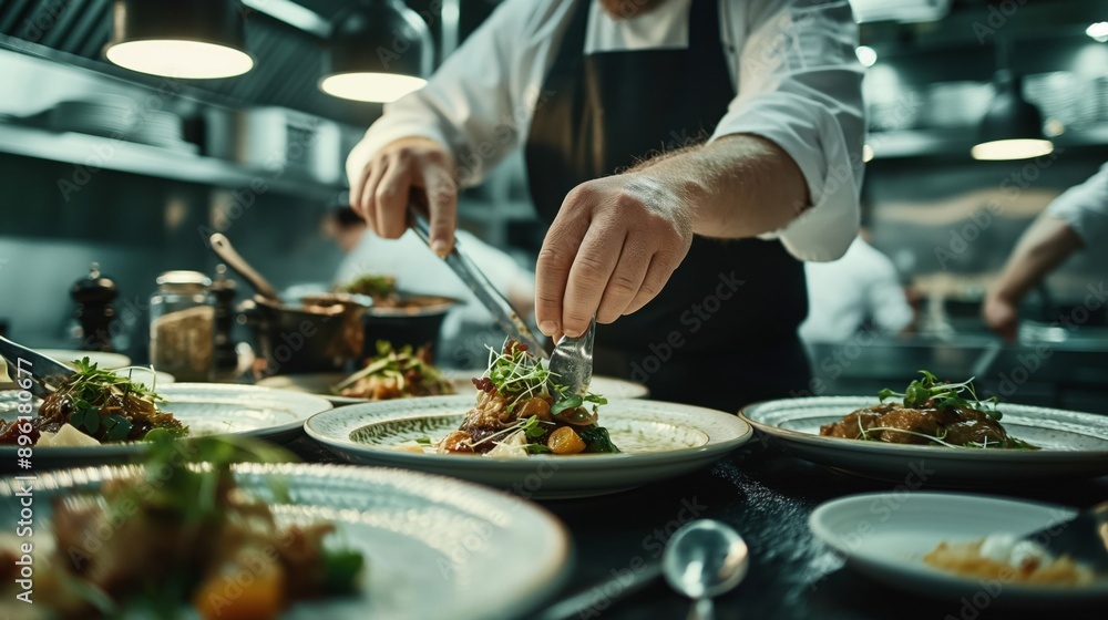 A chef in a professional kitchen plating a gourmet dish with tongs and a fork, surrounded by several prepared plates under warm lighting. A chef in a professional kitchen plating a gourmet dish with tongs and a fork, surrounded by several prepared plates under warm lighting.
