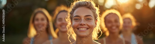 Smiling woman in front of a group of friends.