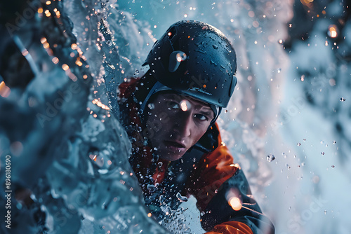 a climber climbing a vertical ice wall, the person looks very concentrated in front of a very dangerous wall