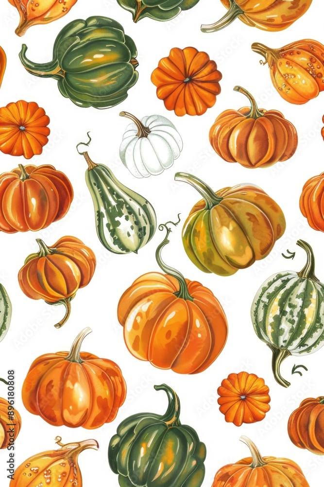 A collection of colorful pumpkins and gourds arranged in patterns on a white background A collection of colorful pumpkins and gourds arranged in patterns on a white background