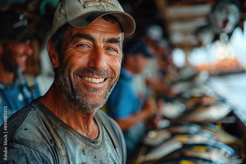 A happy fisherman in a cap is proudly holding a fish on a bustling fishing boat with other fishermen in the background, busy with their catches and equipment. A happy fisherman in a cap is proudly holding a fish on a bustling fishing boat with other fishermen in the background, busy with their catches and equipment.