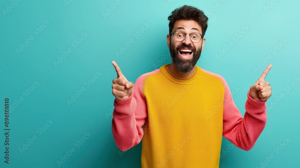 Cheerful bearded man in colorful sweater pointing up with both index fingers against turquoise background. Cheerful bearded man in colorful sweater pointing up with both index fingers against turquoise background.