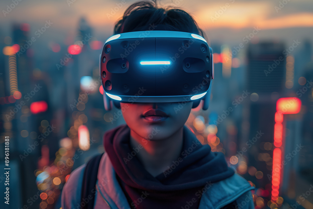 Businesswoman wearing vr headset experiencing metaverse in city