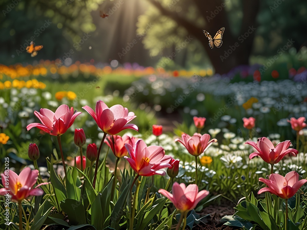 Colorful flowers and butterflies in a serene garden setting. Colorful flowers and butterflies in a serene garden setting.