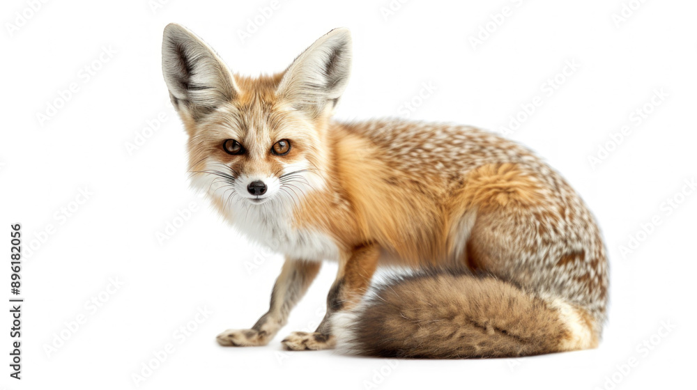 Fennec fox sitting with large ears and fluffy tail on a white background Fennec fox sitting with large ears and fluffy tail on a white background