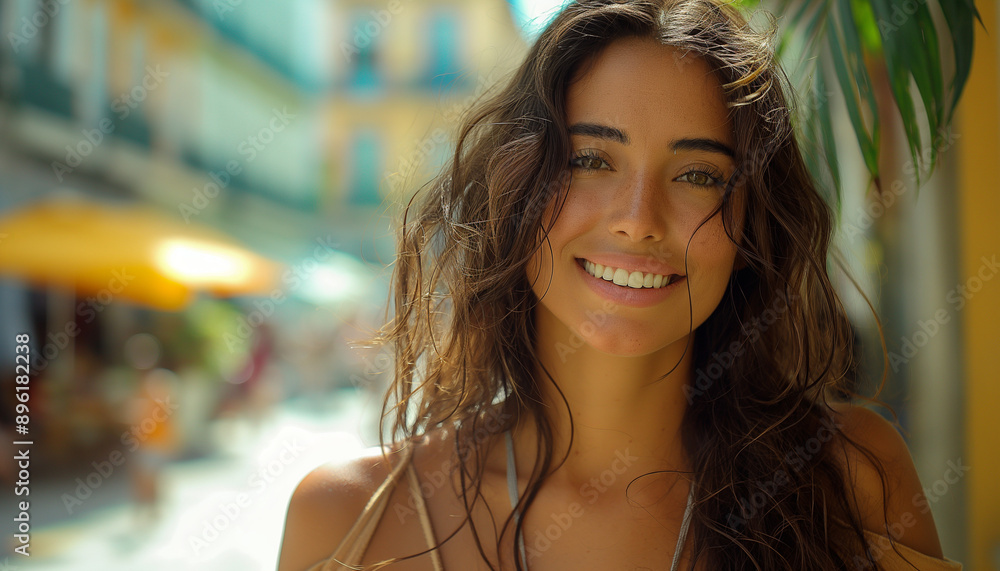 Fototapeta premium Retrato Cinematográfico de Mulher Brasileira de 30 Anos com Cabelos Longos Caminhando na Avenida Paulista, Sorrindo IA Generativa