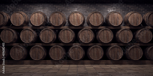 Wine cellar with barrels stacked in a controlled place. Brick wall and dark environment. 3D Render. photo