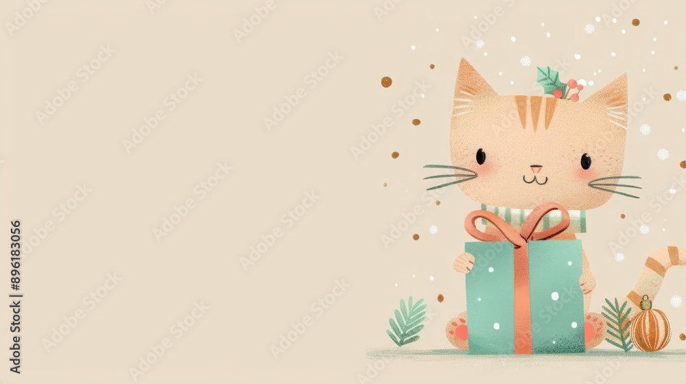 Cartoon kitten with a gift box on a teal background. Adorable and festive. Cartoon kitten with a gift box on a teal background. Adorable and festive.