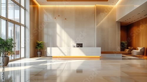 Contemporary Office Lobby: High-Resolution Image of a Professional and Inviting Space with Clean Lines and Soft Tones